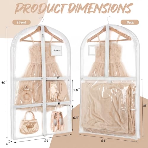 Nuenen 3 Pack Dance Garment Bags for Costumes Clear Dance Recital Organizer with Pockets & Labels, 40 Inch PVC Hanging Costume Bag for Competition Travel, Garment Bag with Compartments(White) - color: White