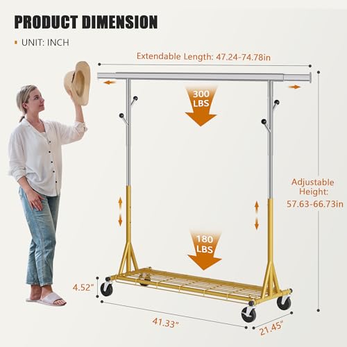 Gewudraw Clothes Rack Heavy Duty 530 LBS Capacity, Portable, Foldable, Gold | Rolling Clothing Rack With 4" Wheels,Shelf, Hooks, Adjustable, Collapsible, Garment Rack for Wardrobe,Bedroom, Laundry Room - color: Gold, style: Single Rod
