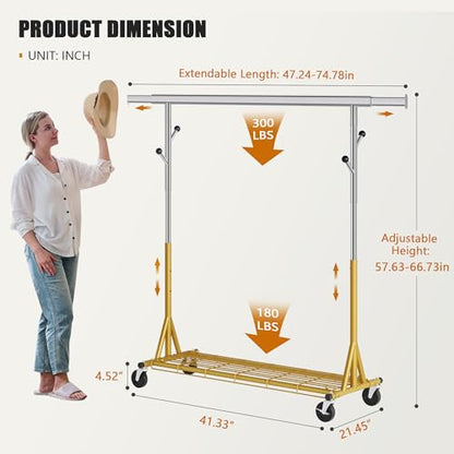 Gewudraw Clothes Rack Heavy Duty 530 LBS Capacity, Portable, Foldable, Gold | Rolling Clothing Rack With 4" Wheels,Shelf, Hooks, Adjustable, Collapsible, Garment Rack for Wardrobe,Bedroom, Laundry Room - color: Gold, style: Single Rod