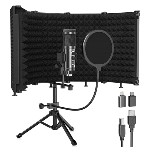 Studio Recording Microphone Isolation Shield with Pop Filter &Tri-Stand Kit Music Recording USB Condenser Mics to Laptop Pc Mac Phone Equipment for Singing Song - size: 5 panels