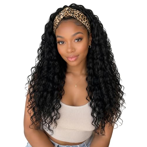 BECUS 22" Deep Wave Headband Wig Black Daily Wear Easy Style - color: A-Curly Black, size: 22 Inch