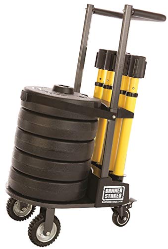 Crowd Control Plus Cart Package & Accessory Tray, 75' Total Retractable Belt Barrier System - 5 Telescoping Stanchions w/ 15' Yellow "Cleaning in Progress" Banners (PL4005T) - style: Yellow: Cleaning in Progress