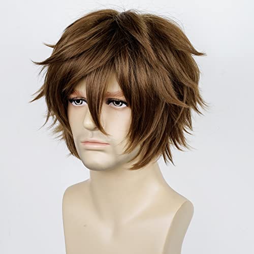 LABEAUTÉ Short Dark Brown Anime Cosplay Wig Male Men Anime Layered Unisex Heat Resistant Hair Wig with Bangs for Party and Halloween for Gift + Free Cap - color: Dark Brown