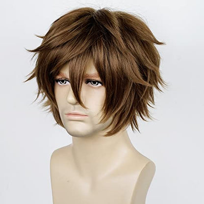 LABEAUTÉ Short Dark Brown Anime Cosplay Wig Male Men Anime Layered Unisex Heat Resistant Hair Wig with Bangs for Party and Halloween for Gift + Free Cap - color: Dark Brown