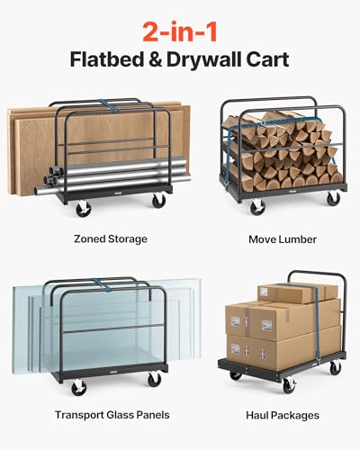 VEVOR Drywall Cart Dolly, 1800 lbs Load Capacity, 2-in-1 Steel Panel Truck Cart with 5 inch Swivel Casters, 36 x 24 inch Platform Truck with 4 Side Handrails for Factory, Warehouse, Garage, Black - style: 2-in-1-1800 LBS