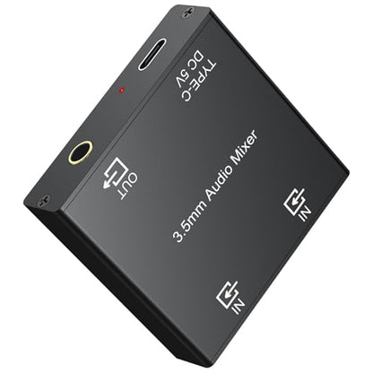 LiNKFOR 3.5mm Audio Mixer, 2-Channel Active Stereo Audio Mixer with Gold-Plated Connectors, Dual Input to Single Output, USB-C Powered, Plug & Play for PC, Phone, Tablet, MP3, Echo Dot