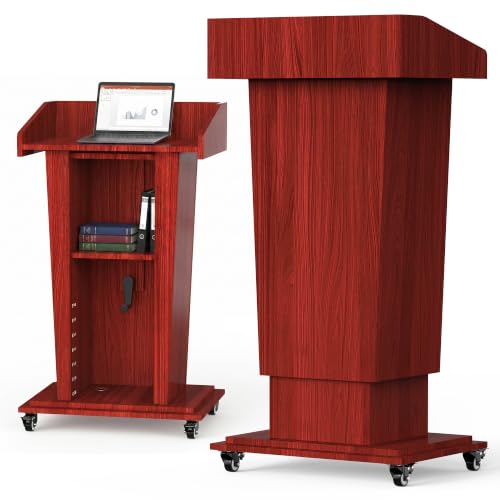 MOOFI Height Adjustable Wooden Podium Lectern with Wheels, Mobile Rolling Presentation Stand with Storage Shelves, Teacher Podium for Classroom, Church, Office and Conference Room (Cherry) - color: Cherry