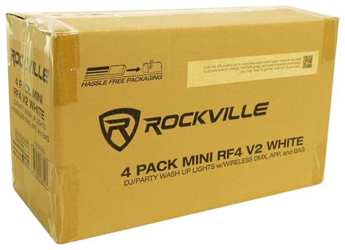 Rockville 4 Pack MINI RF4 V2 White LED Wash Up Light, RGBWA+UV, Compact, App, Remote, LCD, Wireless DMX, Rechargeable, Perfect for DJ/Party Lighting | 22-Hour Rechargeable Battery, WiFi App Control, RF Remotes, Travel Bag, LCD Display, 4 Sound Modes, 32 C