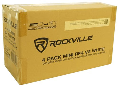 Rockville 4 Pack MINI RF4 V2 White LED Wash Up Light, RGBWA+UV, Compact, App, Remote, LCD, Wireless DMX, Rechargeable, Perfect for DJ/Party Lighting | 22-Hour Rechargeable Battery, WiFi App Control, RF Remotes, Travel Bag, LCD Display, 4 Sound Modes, 32 C