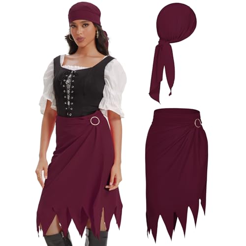 Durio Women Pirate Skirt Dress Accessories - Hat, Costume, Cosplay Bandana Head Scarf for Adult Women and Men - Halloween - color: Wine Red