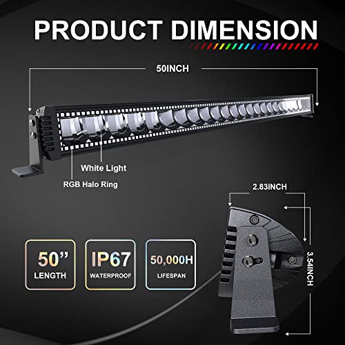 Lpteso RGBW LED Light Bar 50 inch 288W Flood Spot Combo Beam 2PCS 4 Inch 18W Flood RGB LED Pods with 16 Solid Colors Chasing RGB Halo Ring Changing with Strobe Flashing with Rocker Switch Wiring - size: 50Inch RGB Straight LED Light Bar