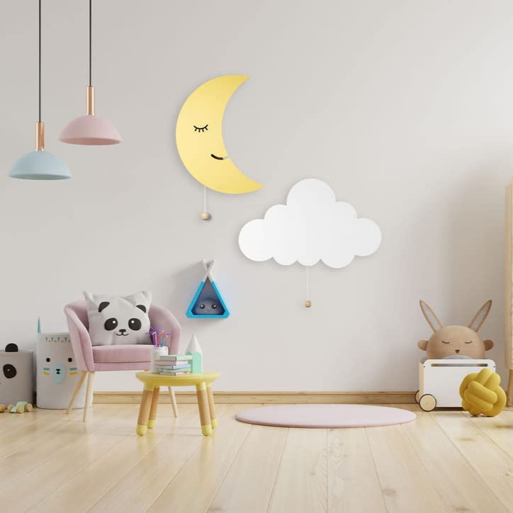 LumiDreams Moon Wall Night Light, Crescent Nursery Lamp for Kids Room | 17.7" x 11.5" | Hand-Painted Wooded Moon Light | Battery Operated | Pull Cord Switch | Wall Mounted Nursery decor