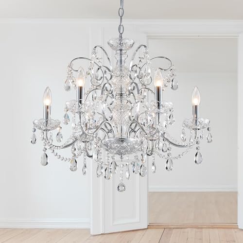 Saint Mossi 6-Lights Crystal Chandelier Crystals Raindrop Chandelier,Modern Crystal Pendant Light Fixture Modern Chandelier for Bedroom,Living Room,Dining Room,H22 X D24,Chain Adjustable - color: Clear-Chrome