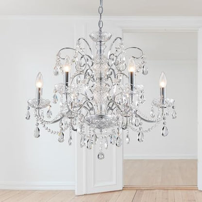 Saint Mossi 6-Lights Crystal Chandelier Crystals Raindrop Chandelier,Modern Crystal Pendant Light Fixture Modern Chandelier for Bedroom,Living Room,Dining Room,H22 X D24,Chain Adjustable - color: Clear-Chrome