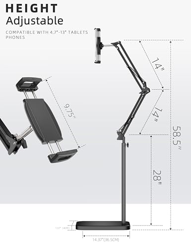 BluuSuuk Tablet Floor Stand with 11lb Stable Base - Adjustable Height Stretchable Arm Swivel Holder Mount, Compatible with iPad Pro Air Mini 12.9/9.7, Kindle, Galaxy Tab, Cell Phones (4.7''-13'')