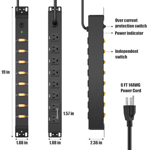 HHSOET 8 Outlet PDU Power Strip, 1U Rack Surge Protection, 15FT, Black, 1 - size: 15ft