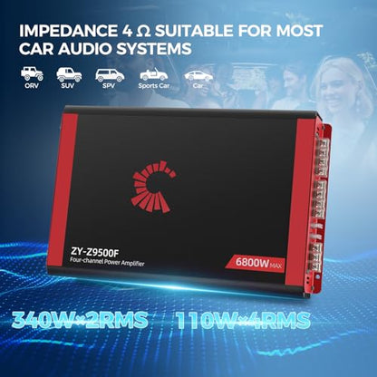 2026 High Power 4 Channel Car Amplifier - 6800W Max, 4x170W RMS @2Ω, 2 Bridged Channels (340W) -Your Commute De-Stresser & Old Car Revival Kit (Large)