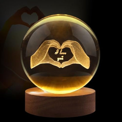 Flexzion 3D Love Crystal Ball Lamp, 3.15 inch (80mm), USB Night Light | Love Lamp with Solid Beech Wood Base and Adjustable Brightness for Bedrooms, Nightstands, Desks, Shelves and Room Decor - size: 3.15 inch (80mm), style: Love