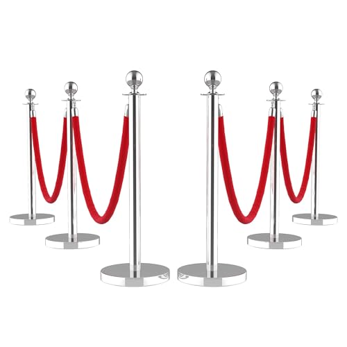 6Pcs Stanchions and Velvet Ropes with 15ft Red Carpet,Complete Crowd Control Barriers Set with 4 Red Velvet Ropes & Stainless Steel Posts for Party, Wedding, Event Supplies,Silver - color: Silver, size: without Red Carpet