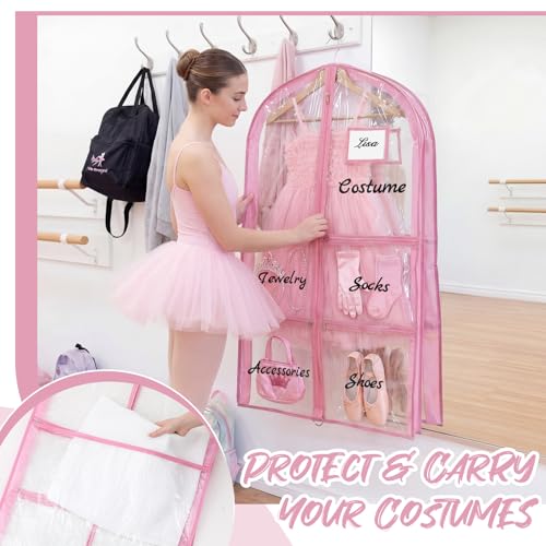 Nuenen 3 Pack Dance Garment Bags for Costumes Clear Dance Recital Organizer with Pockets & Labels, 40 Inch PVC Hanging Costume Bag for Competition Travel, Garment Bag with Compartments(Pink) - color: Pink