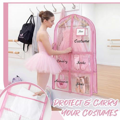 Nuenen 3 Pack Dance Garment Bags for Costumes Clear Dance Recital Organizer with Pockets & Labels, 40 Inch PVC Hanging Costume Bag for Competition Travel, Garment Bag with Compartments(Pink) - color: Pink