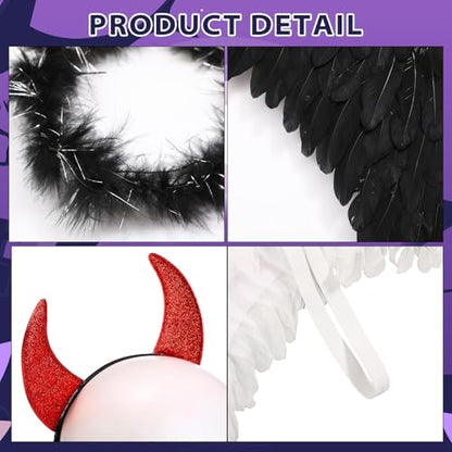 Chuangdi 9 Pcs Angel Wings Costume Set with Headband Gloves Horns Women | White Fairy Black Angel Red Devildom Halloween Costume Wing Headband Satin Gloves Red Horns for Halloween Cosplay Accessories