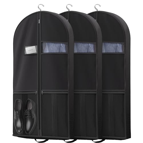 Lazebox 43" Travel Garment Bag with Accessories Zipper Pocket, Heavy Duty Suit Bag for Suits, Tuxedos, Dresses, Coats, Black, 3 packs - size: 43inch-3 packs-Black