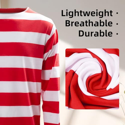 Red White Striped Shirt Costume for Men Halloween Hat Glasses Adult | Halloween Knit Beanie Hat Black Glasses Accessories Adult Carnival Anime Outfit Men - size: X-Large