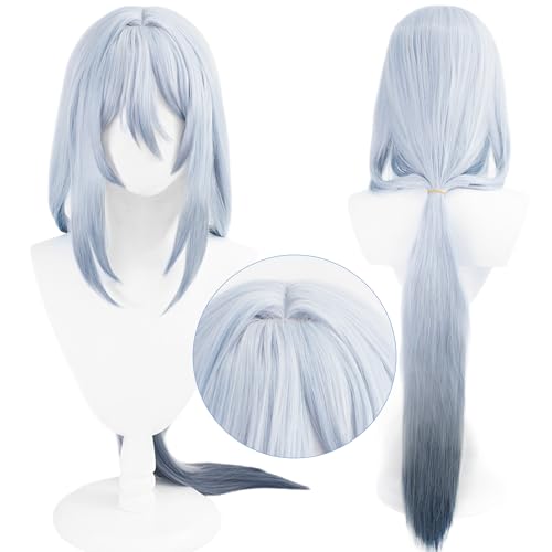 Anime Gray Black Gradient Wig Women Cold Elegant Role Halloween | Women Long Straight Hair with Bangs Halloween,Christmas,Comic con Heat Resistant Fiber Free Cap - color: Blue Black Gradient