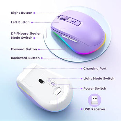 PEIOUS Wireless Mouse Jiggler - LED Wireless Mice with Build-in Mouse Mover, Rechargeable Moving Mouse for Laptop with Undetectable Random Movement Keeps Computers Awake - Purple - color: Purple