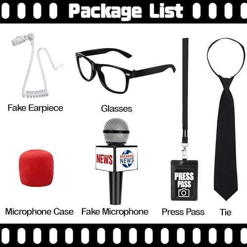Journalist News Reporter Costume Accessories for Adult/Kids,News Reporter Set with Fake News Microphone Prop Press Pass Glasses Tie for Halloween Cosplay