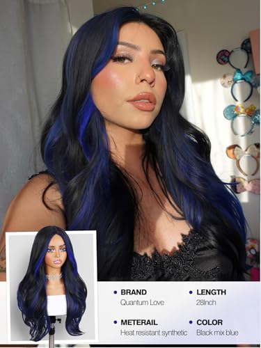 Quantum Love Long Curly Blue Wig for Women 28 Inch Long Wavy Wigs Black Mix Blue Natural Looking Synthetic Fashion Color Hair for Cosplay Halloween Daily - color: Mix Blue