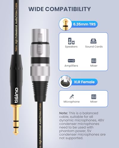 Tisino Female XLR to 1/4'' TRS Microphone Cable, 6.35mm Stereo Jack to 3-pin XLR Female Balanced Interconnect Micphone Cable -10FT | 1/4" 6.35mm to XLR Female Mic Cable for Mixer, Amp, Speaker, Gold-Plated Shielded OFC Interconnect Lead - size: 3m/10ft