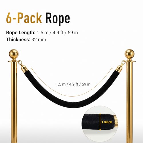 6-Pack Black Velvet Stanchion Ropes, 5ft Crowd Control Barrier with Gold Hooks for Events, Parties, Weddings, Hotels, Movie Theaters, Red Carpet Openings