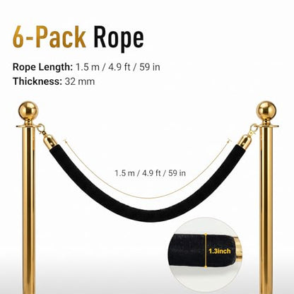 6-Pack Black Velvet Stanchion Ropes, 5ft Crowd Control Barrier with Gold Hooks for Events, Parties, Weddings, Hotels, Movie Theaters, Red Carpet Openings