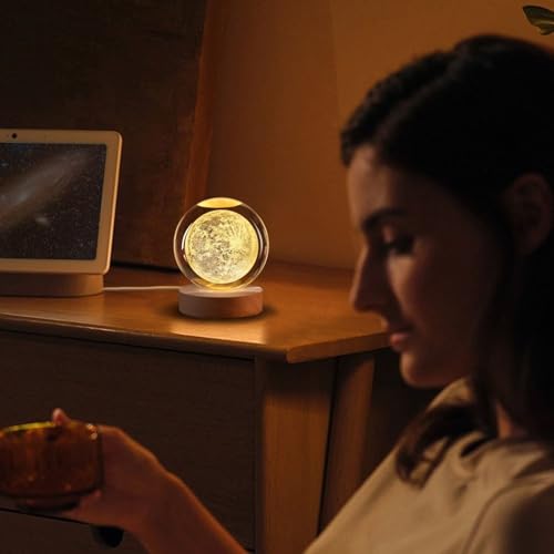 Flexzion 3D Moon Crystal Ball Lamp, 3.15 inch (80mm), USB Night Light | Moon Lamp with Solid Beech Wood Base and Adjustable Brightness for Bedrooms, Nightstands, Desks, Shelves and Room Decor - size: 3.15 inch (80mm), style: Moon