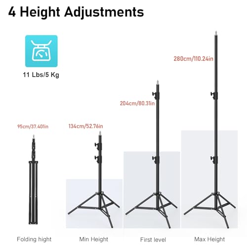 Photography Light Stand, 110"/9.2ft/280cm Portable Reverse Folding Tripod with Travel Bag Aluminum Heavy Duty for Camera,Video,Softboxes,Umbrell,Wedding Outdoor Video Shooting - color: Black