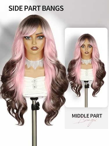 WIGER Long Wavy Wig With Bangs Pink Romantic Curly Hair With Brown Roots and Ends Synthetic Layered Curly Hair Ombre Pink Wig for Women Daily or Costumes - color: Pink Ombre Brown