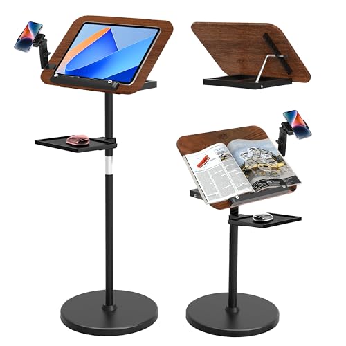 2 in 1 Adjustable Music Stand for Sheet Music, Dual Use Desktop and Floor, Book Stand with Tray & Elastic Page Clips for Music Sheet, Recipe, Tablet, Laptop Height Adjustable 23.5-52 in (Walnut)