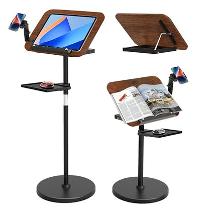 2 in 1 Adjustable Music Stand for Sheet Music, Dual Use Desktop and Floor, Book Stand with Tray & Elastic Page Clips for Music Sheet, Recipe, Tablet, Laptop Height Adjustable 23.5-52 in (Walnut)