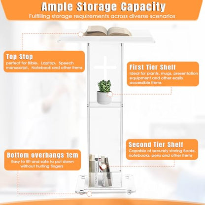 45.3 Customized Logo and Text Acrylic Podium Lectern, Pulpit for Churches with Double Shelves, Modern Plexiglass Pulpits Lectern with Cross Design for Classroom, Conference, Wedding and More - size: 45.3IN-cross customize