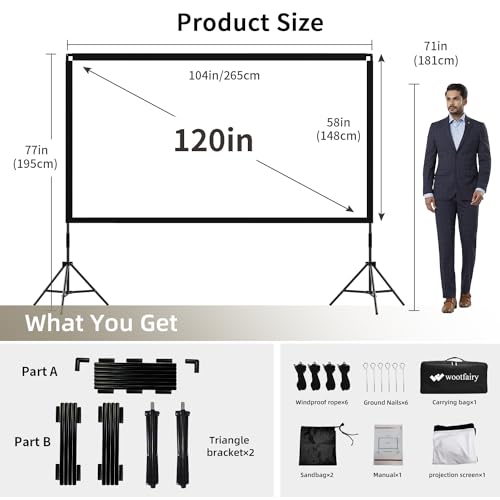 Projector Screen with Stand, Portable and Foldable Indoor Outdoor Projection Screen 16:9 4K HD Rear Front Wrinkle-Free Movie Screen with Carry Bag for Home Theater Backyard Cinema (120inch-19mm) - size: 120 inch-19mm