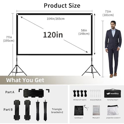 Projector Screen with Stand, Portable and Foldable Indoor Outdoor Projection Screen 16:9 4K HD Rear Front Wrinkle-Free Movie Screen with Carry Bag for Home Theater Backyard Cinema (120inch-19mm) - size: 120 inch-19mm