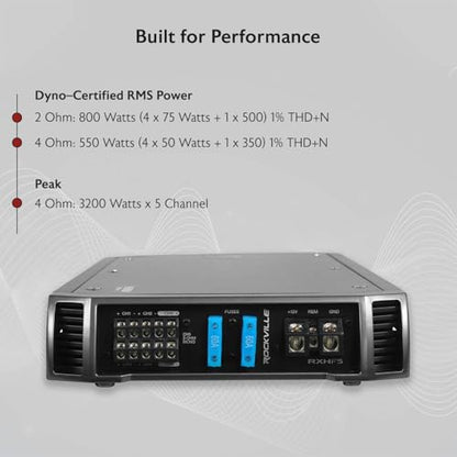 Rockville RXH-F5 3200W 5-Channel Car Amplifier, Dyno-Certified RMS, MOSFET Power Supply, ELNA Capacitors, Class-A/B D, Perfect for Car Audio and Subs | Class A/B + D, MOSFET, High-Level Input, Bass Knob, 2-Ohm Stable, Bridgeable, Crossover, Subsonic Filte
