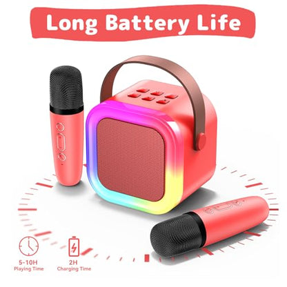 Karaoke Machine for Kids Adults, Mini Karaoke Machine with 2 Wireless Microphones, Portable Bluetooth Speaker with Voice Changing Effects & LED Lights, Best Gifts Toys for Girls and Boys - color: Red