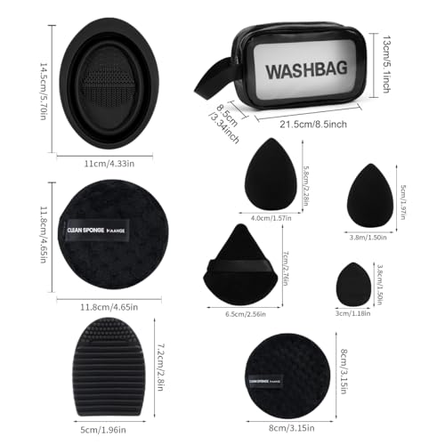 MAANGE 30pcs Professional Makeup Brush Set With Velvet Bag&5pcs Beauty Blender&2pcs Makeup Remover Puff&5pcs Triangle Powder Puff&3pcs Mini Thumb Puff&Toiletry Bag&2pcs Cleaning Mat (Blacksliver) - color: 49pcs-Blacksliver