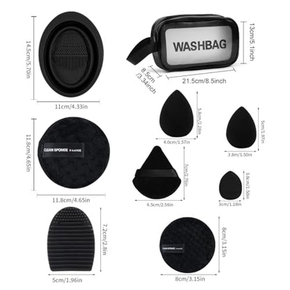 MAANGE 30pcs Professional Makeup Brush Set With Velvet Bag&5pcs Beauty Blender&2pcs Makeup Remover Puff&5pcs Triangle Powder Puff&3pcs Mini Thumb Puff&Toiletry Bag&2pcs Cleaning Mat (Blacksliver) - color: 49pcs-Blacksliver