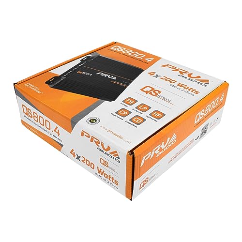 PRV Audio QS800.4 2 Ohm Compact 4 Channel Car Audio Amplifier 4 x 220 Watts RMS at 2 Ohm - 800 Watt Amp 12 Volts Amp Class D Bridgeable 800x4 High Power Stereo