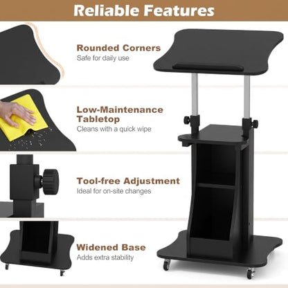 Tangkula Mobile Lectern Podium, Height Adjustable Podium Stand, Standing Sit-to-Stand Desk, Rolling Cart Laptop Desk with Swivel Top Movable Wheels & Storage - color: Black, size: 20" x 16" x 44"