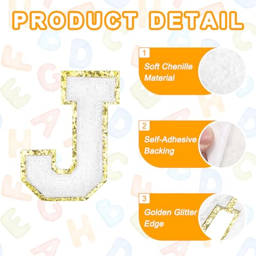 MECCANIXITY Chenille Letter Patches 2.2" Self Adhesive Alphabet J Stick on Embroidered Patch Sew on Letter Stickers Applique for Repairing Clothing Jeans Shoes Hats DIY(White, Pack of 8) - style: Letter J